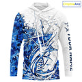 Custom Blue Camo Saltwater Sailfish Long Sleeve Hooded Fishing, Offshore Fishing