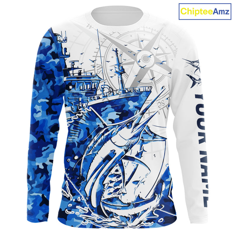 Custom Blue Camo Saltwater Sailfish Long Sleeve Hooded Fishing, Offshore Fishing