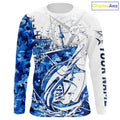 Custom Blue Camo Saltwater Sailfish Long Sleeve Hooded Fishing, Offshore Fishing