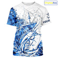 Custom Blue Camo Saltwater Sailfish Long Sleeve Hooded Fishing, Offshore Fishing