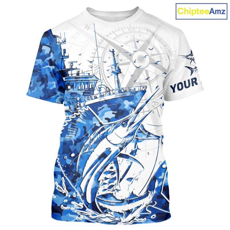 Custom Blue Camo Saltwater Sailfish Long Sleeve Hooded Fishing, Offshore Fishing