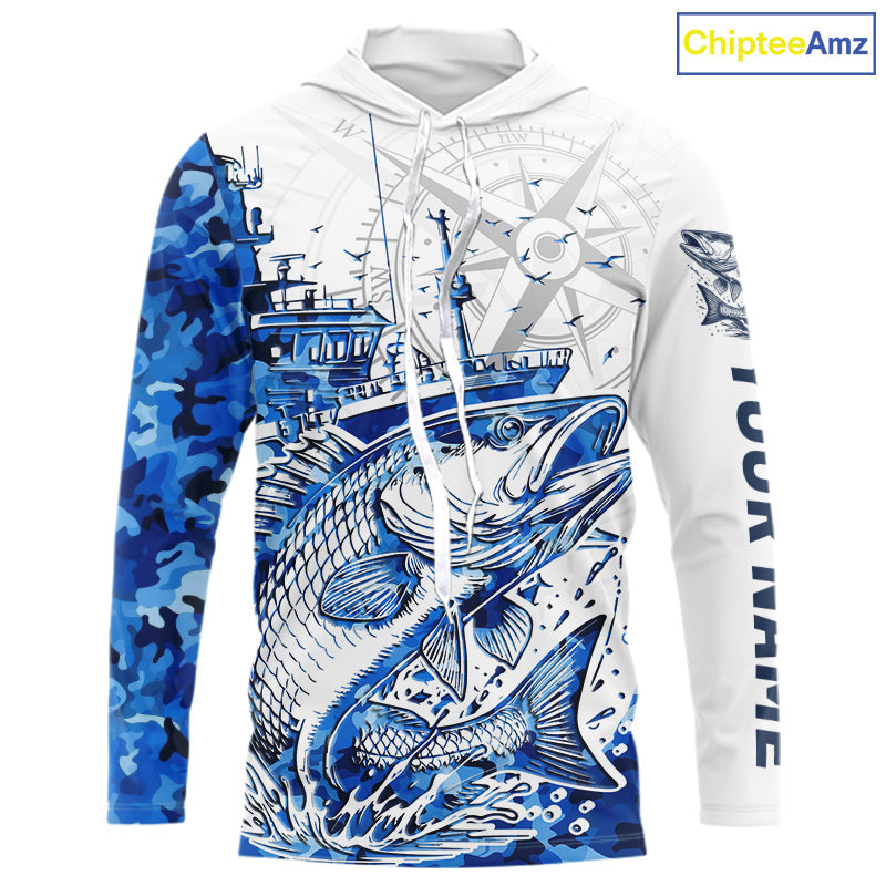 Custom Blue Camo Saltwater Redfish Long Sleeve Hooded Fishing, Offshore Fishing