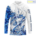 Custom Blue Camo Saltwater Redfish Long Sleeve Hooded Fishing, Offshore Fishing