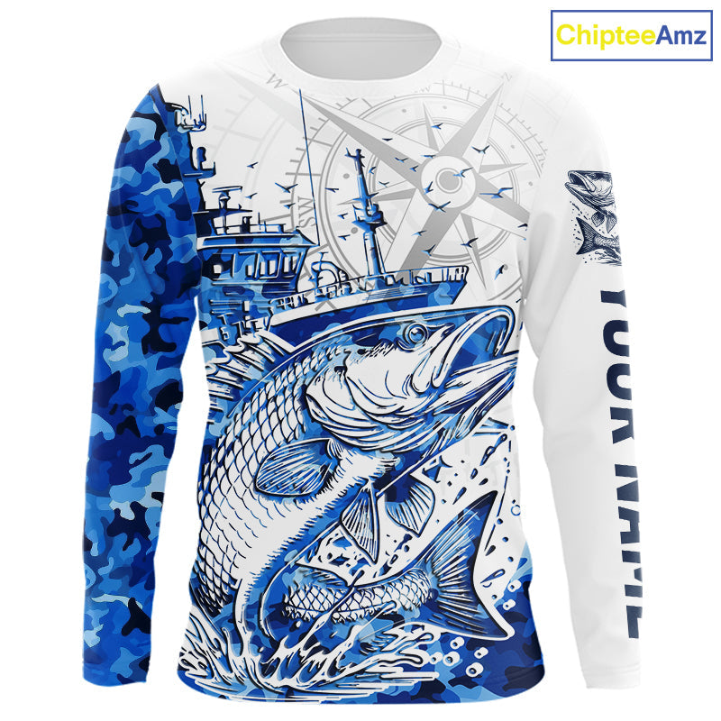 Custom Blue Camo Saltwater Redfish Long Sleeve Hooded Fishing, Offshore Fishing