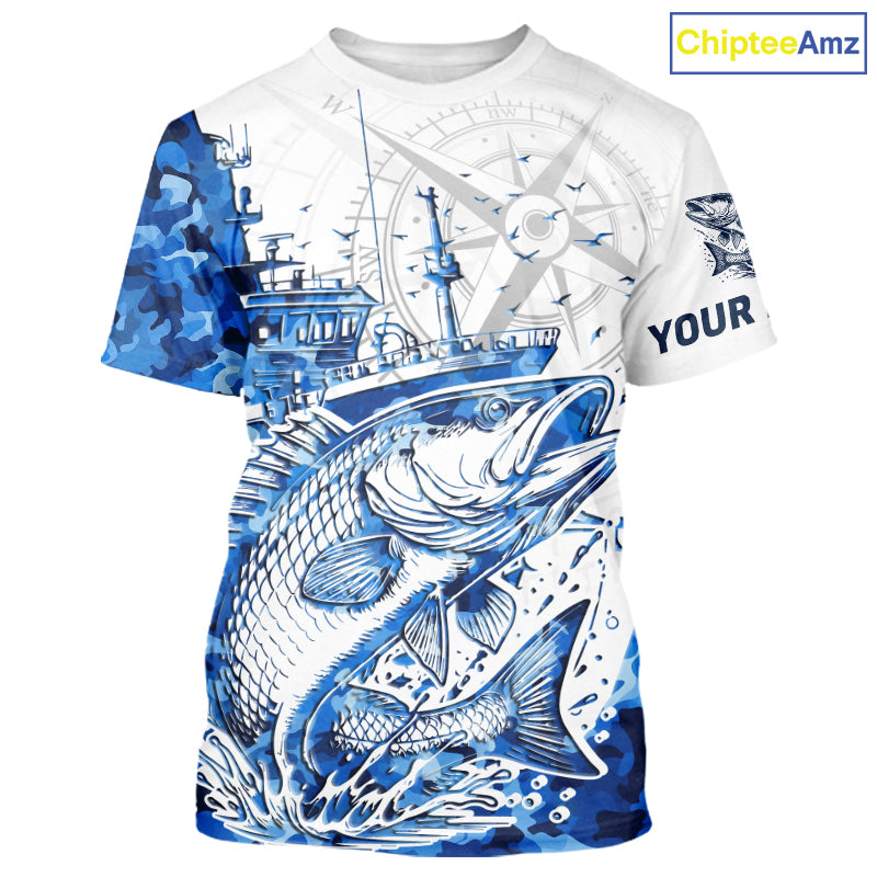 Custom Blue Camo Saltwater Redfish Long Sleeve Hooded Fishing, Offshore Fishing