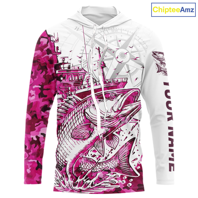 Custom Pink Camo Saltwater Redfish Long Sleeve Hooded Fishing, Offshore Fishing