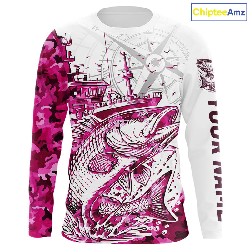 Custom Pink Camo Saltwater Redfish Long Sleeve Hooded Fishing, Offshore Fishing