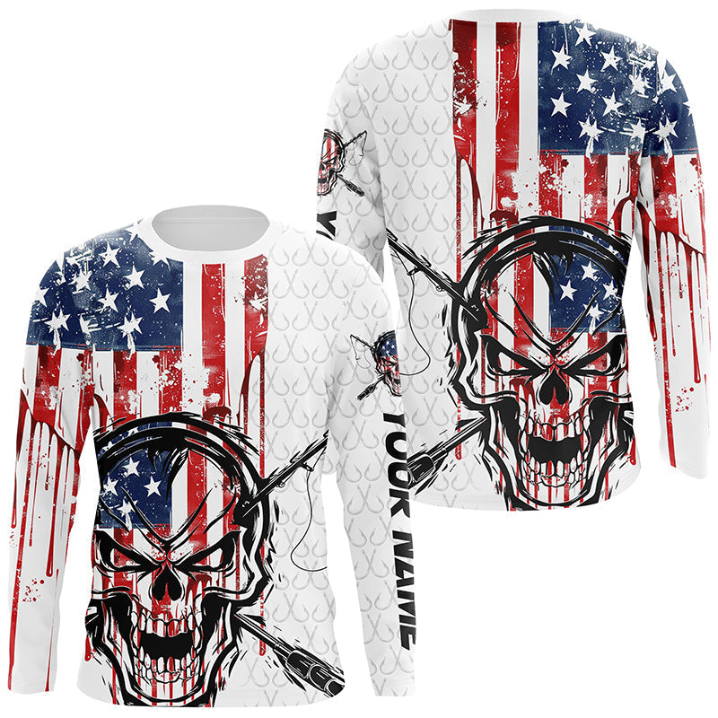 American Flag Fishing Skull Custom Long Sleeve Fishing, Patriotic Fishing