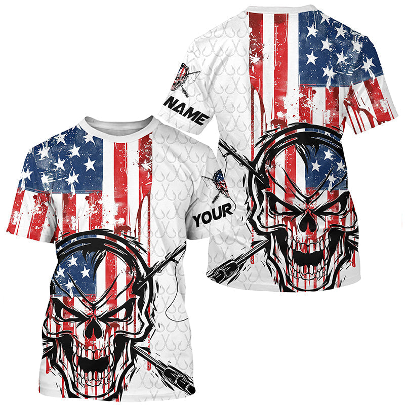American Flag Fishing Skull Custom Long Sleeve Fishing, Patriotic Fishing