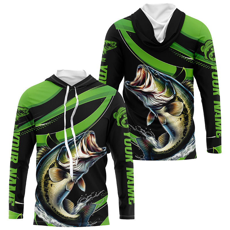 Black And Green Custom Bass Fishing, Largemouth Bass Long Sleeve Tournament Fishing