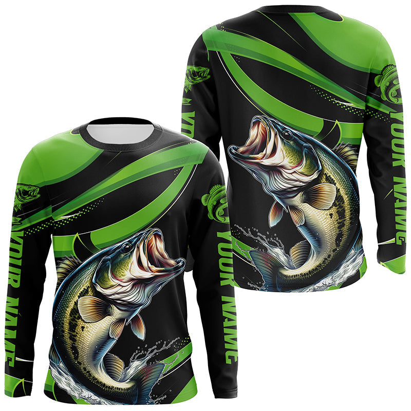 Black And Green Custom Bass Fishing, Largemouth Bass Long Sleeve Tournament Fishing