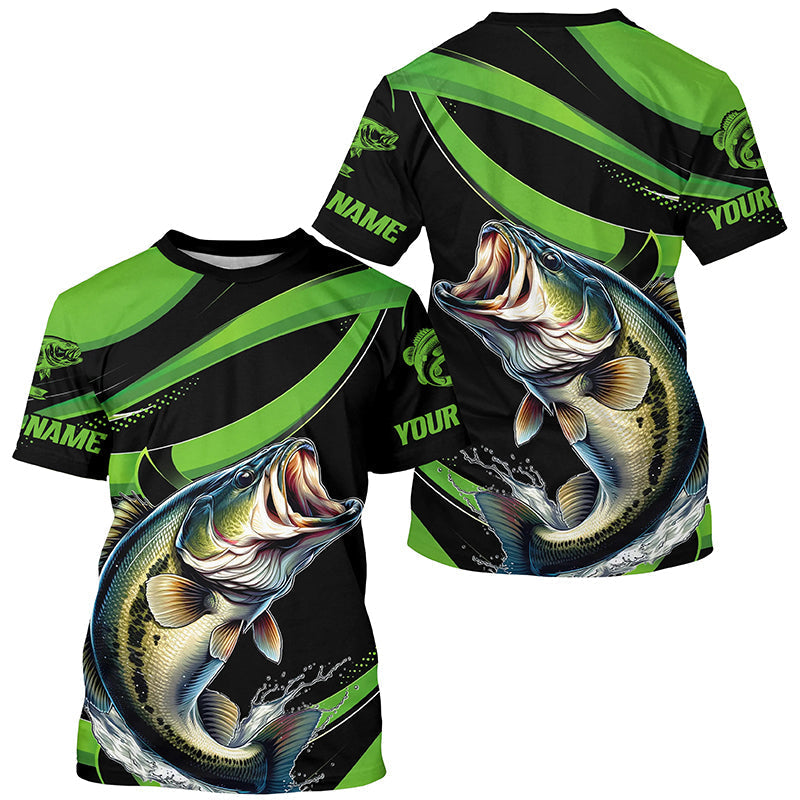 Black And Green Custom Bass Fishing, Largemouth Bass Long Sleeve Tournament Fishing