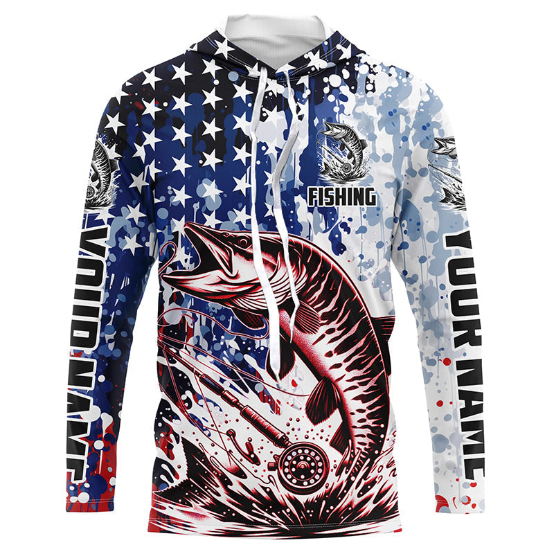 Personalized American Flag Musky Long Sleeve Fly Fishing, Patriotic Muskie Fishing