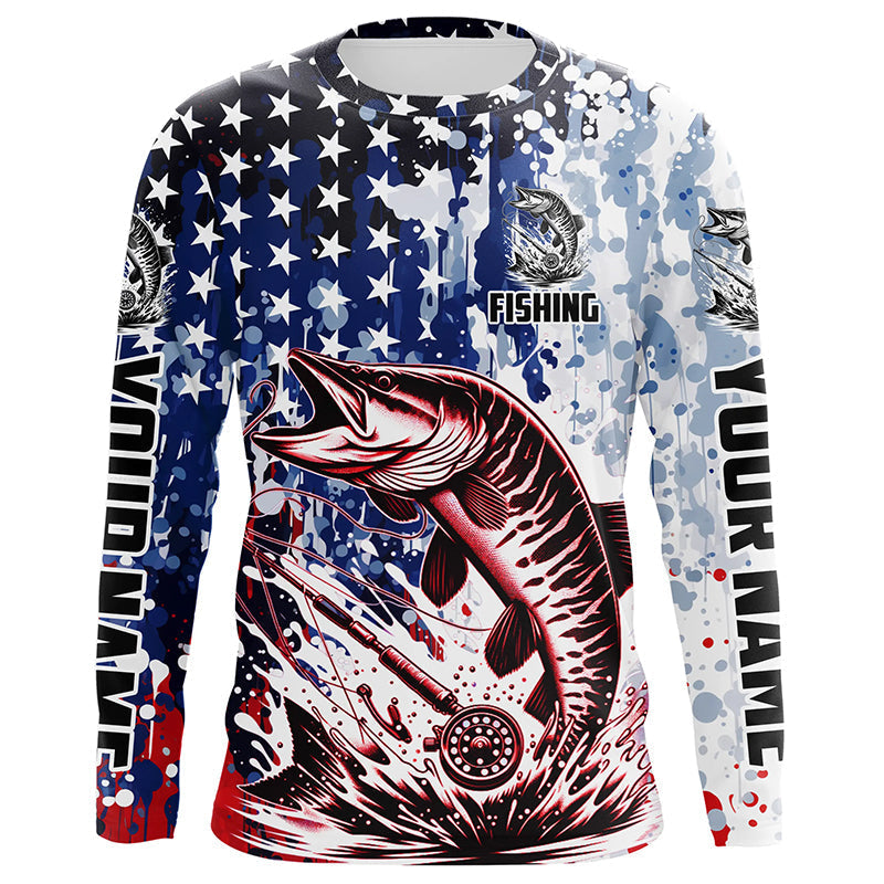 Personalized American Flag Musky Long Sleeve Fly Fishing, Patriotic Muskie Fishing
