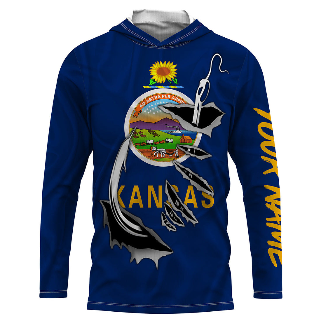 Kansas Flag 3D Fish Hook UV Protection Custom Long Sleeve performance Fishing IPHW490