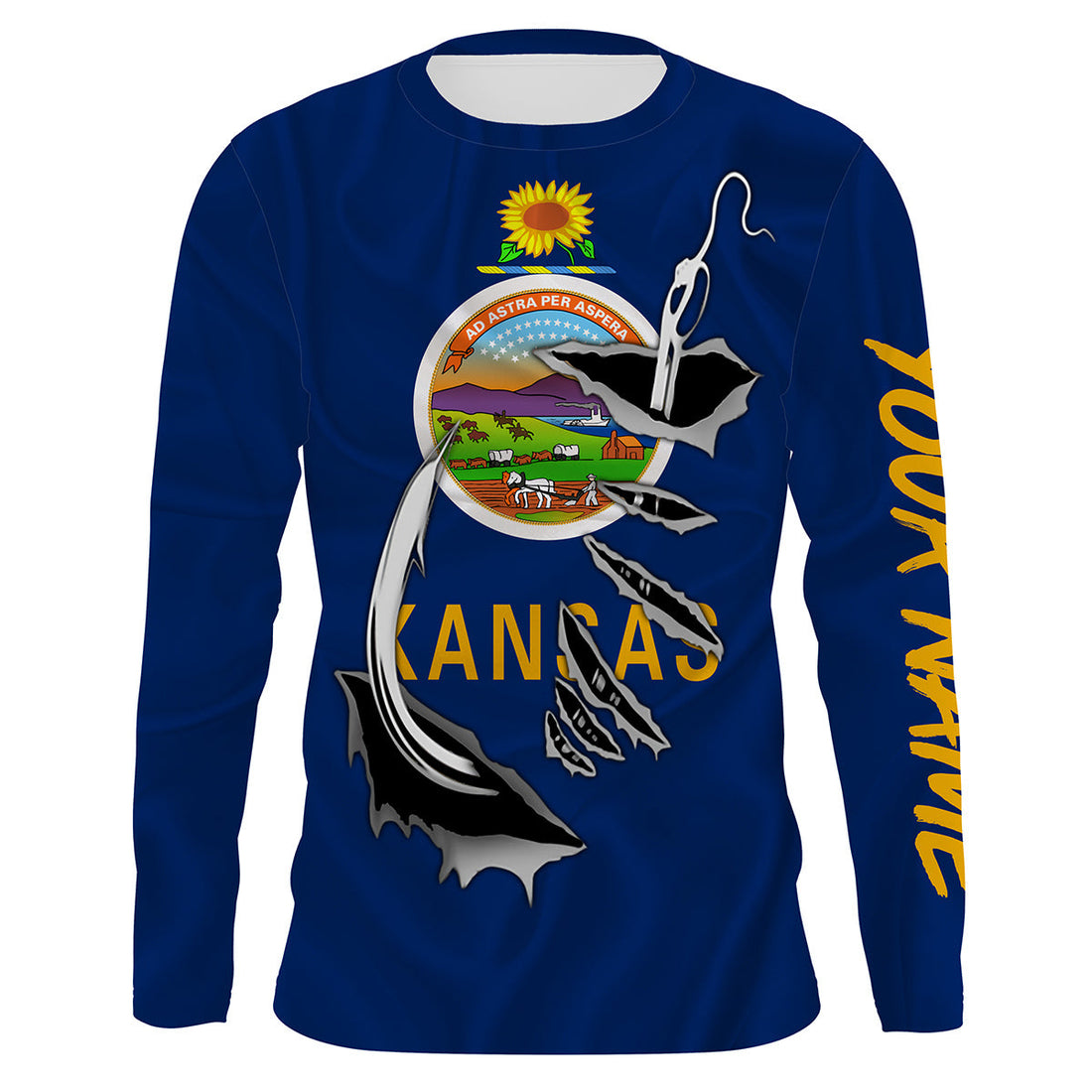 Kansas Flag 3D Fish Hook UV Protection Custom Long Sleeve performance Fishing IPHW490