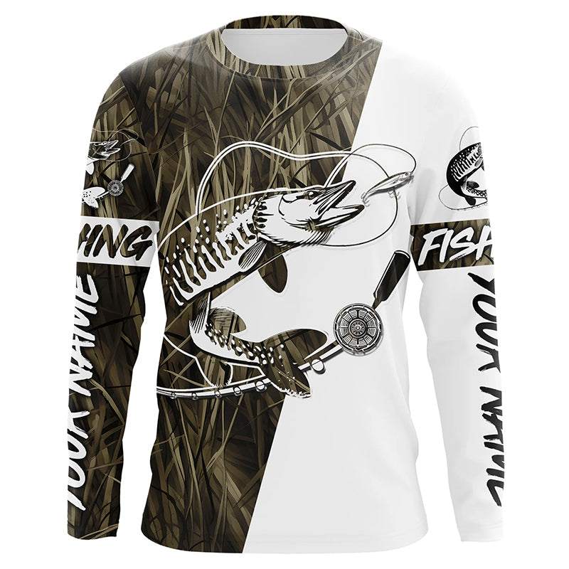 Musky Fishing Tattoo Grass Camo Custom Long Sleeve Tournament, Muskie Fishing