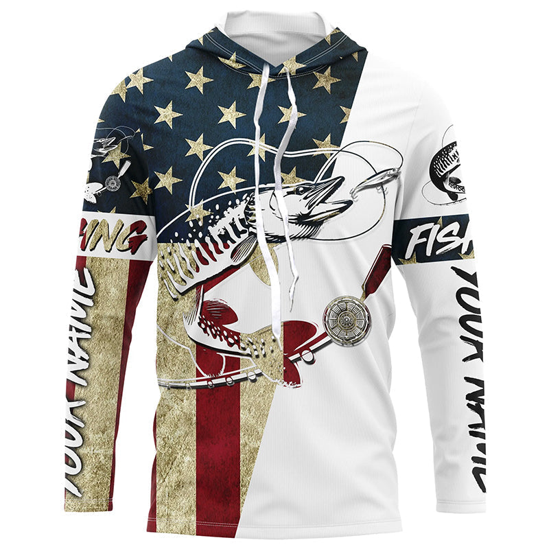 Custom American Flag Musky Tattoo Grass Camo Long Sleeve Fishing, Patriotic Muskie