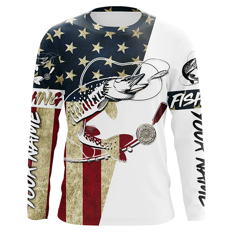 Custom American Flag Musky Tattoo Grass Camo Long Sleeve Fishing, Patriotic Muskie