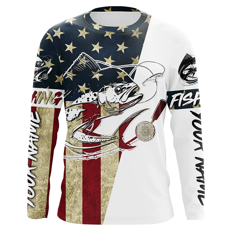 Custom American Flag Mahi Mahi Tattoo Camo Long Sleeve Fishing, Patriotic Mahimahi