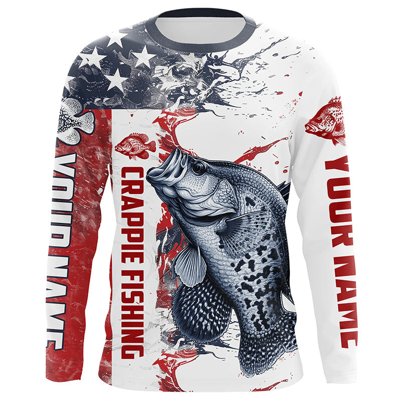 American Flag Water Custom Crappie Long Sleeve Fishing, Patriotic Crappie Fishing