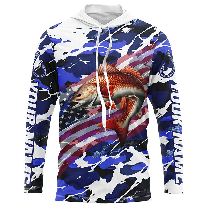 Redfish Fishing American Flag Blue Camo Custom Long Sleeve, Redfish Saltwater Fishing