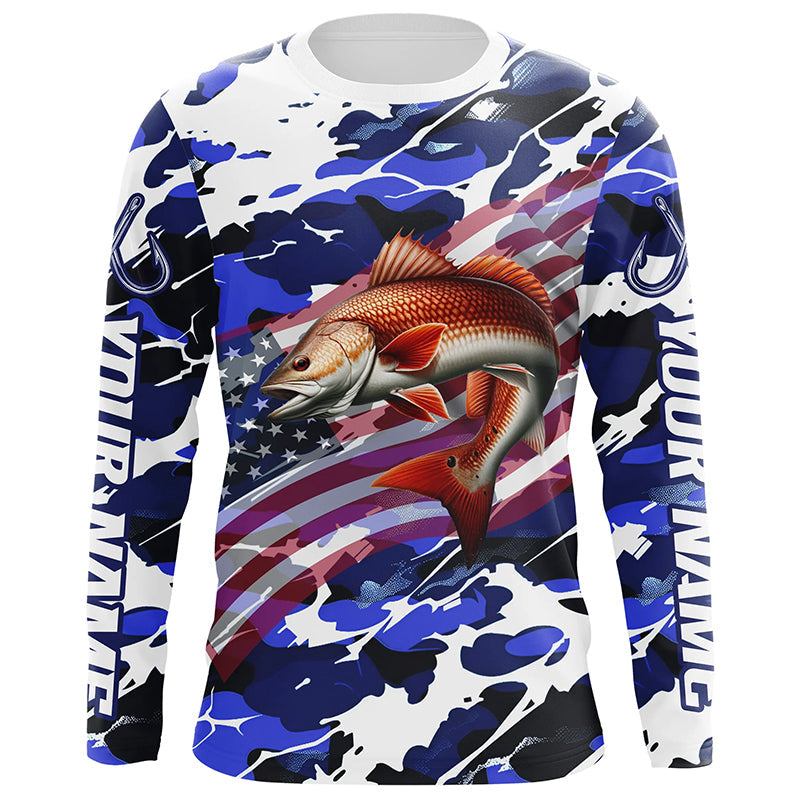 Redfish Fishing American Flag Blue Camo Custom Long Sleeve, Redfish Saltwater Fishing
