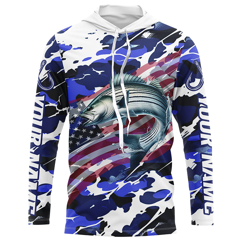 Striped Bass Fishing American Flag Camo Custom Long Sleeve, Striper Saltwater Fishing