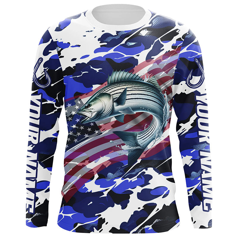 Striped Bass Fishing American Flag Camo Custom Long Sleeve, Striper Saltwater Fishing