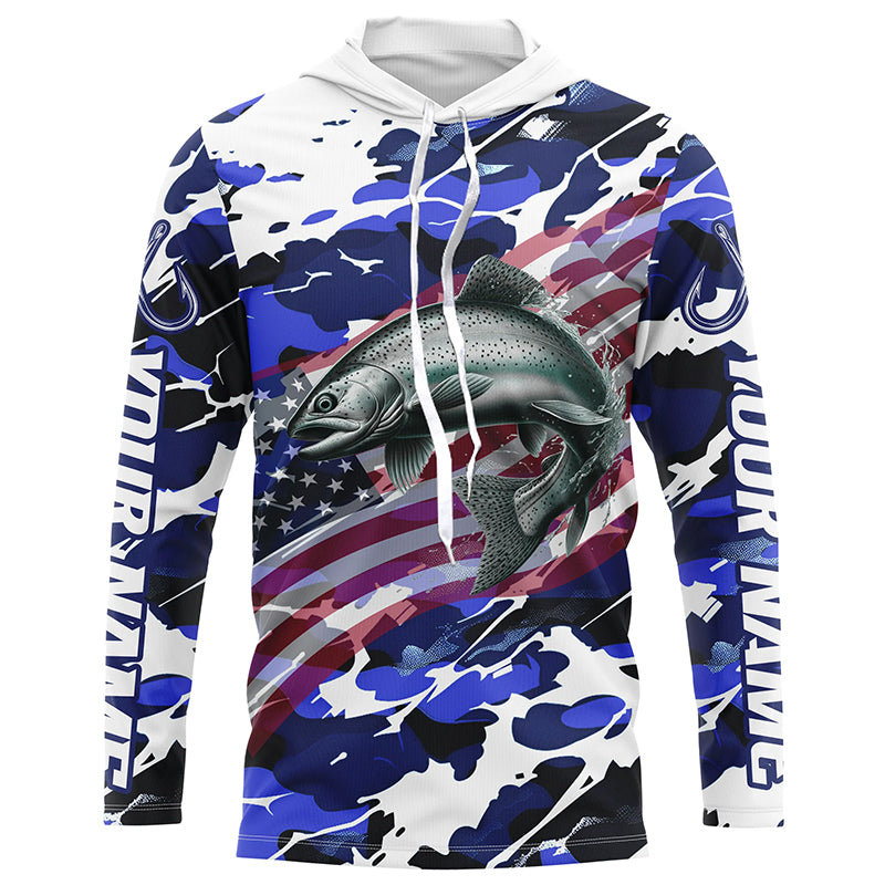 Chinook Salmon Fishing American Flag Camo Custom Long Sleeve, Salmon Saltwater Fishing