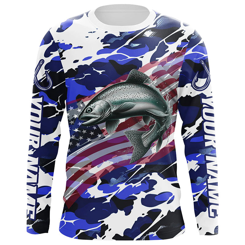 Chinook Salmon Fishing American Flag Camo Custom Long Sleeve, Salmon Saltwater Fishing