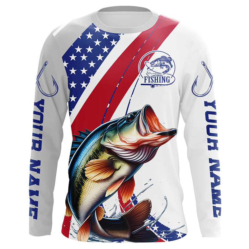 Custom Patriotic Bass Long Sleeve Fishing, Personalized Bass Fishing