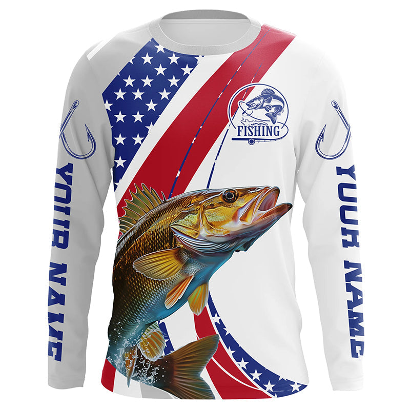 Custom Patriotic Walleye Long Sleeve Fishing, Personalized Walleye Fishing