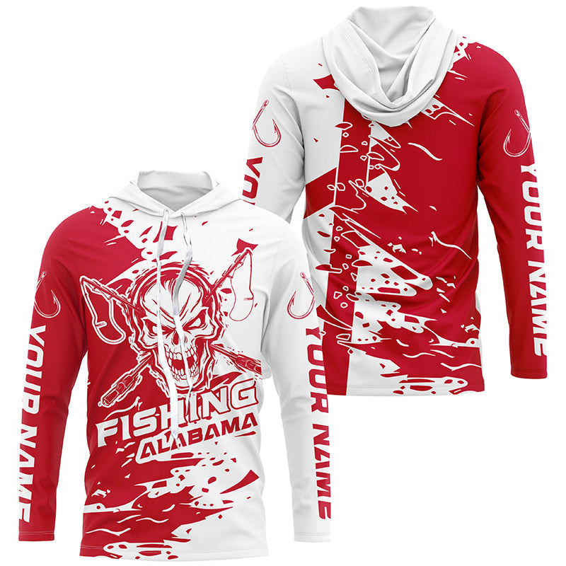 Alabama Fishing Custom Long Sleeve Fishing, Alabama Flag Skull Fishing