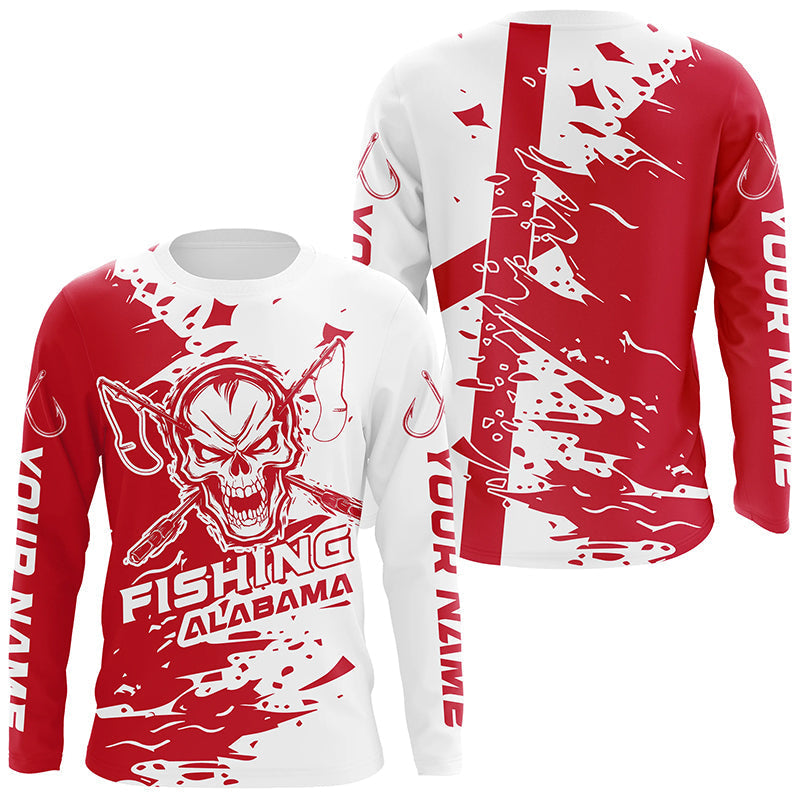 Alabama Fishing Custom Long Sleeve Fishing, Alabama Flag Skull Fishing