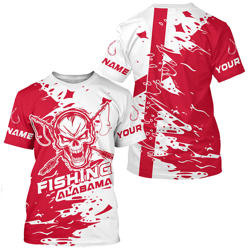 Alabama Fishing Custom Long Sleeve Fishing, Alabama Flag Skull Fishing