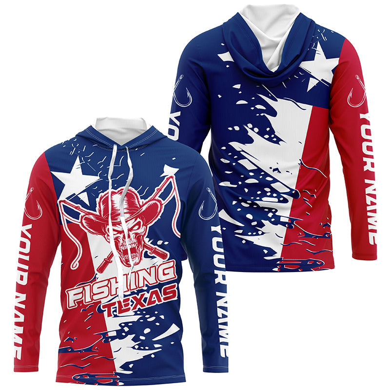 Texas Fishing Custom Long Sleeve Fishing, Cowboy Skull Texas Flag Fishing