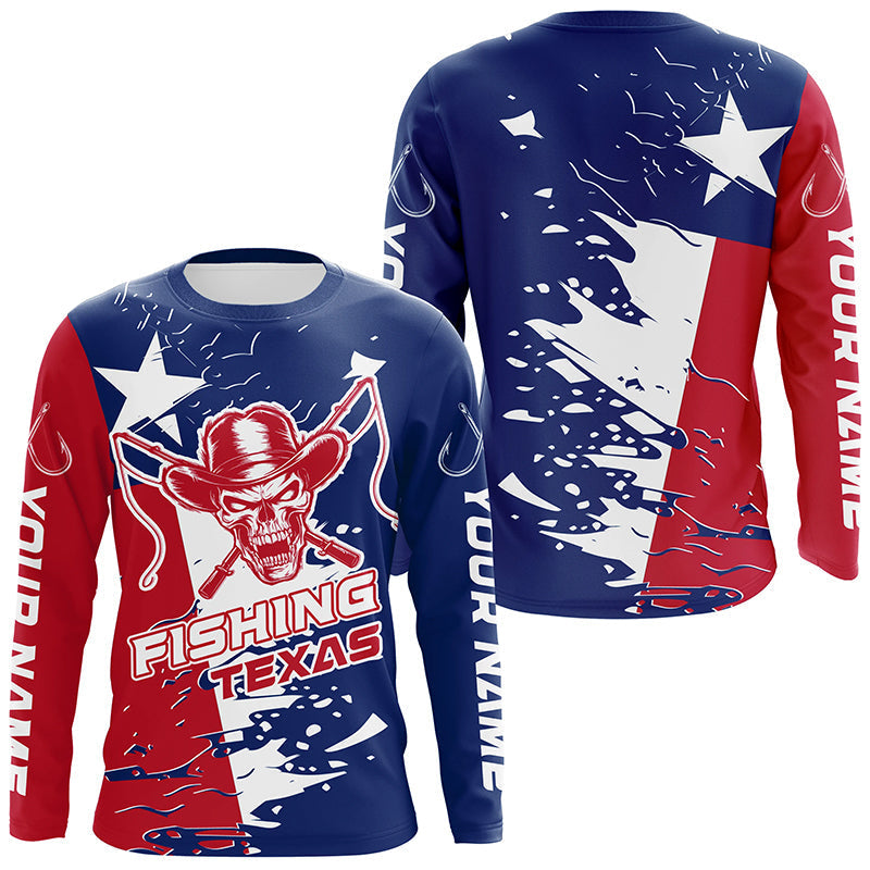 Texas Fishing Custom Long Sleeve Fishing, Cowboy Skull Texas Flag Fishing