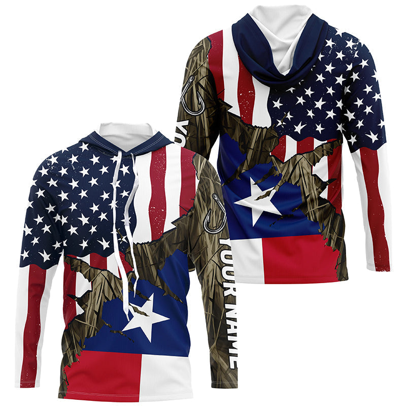American Texas Flag Custom Long Sleeve Fishing, Patriotic Camouflage Fishing