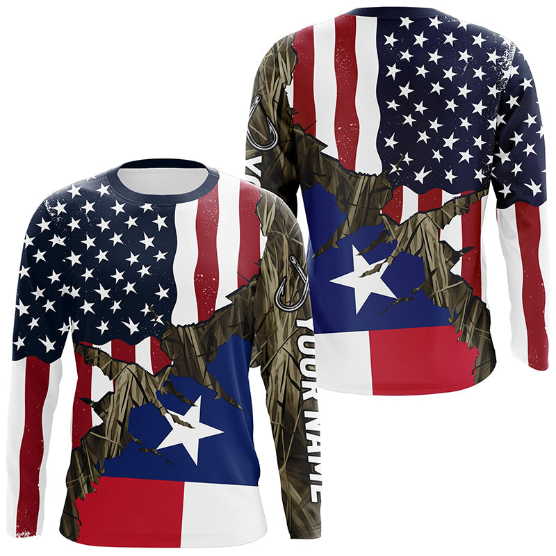 American Texas Flag Custom Long Sleeve Fishing, Patriotic Camouflage Fishing