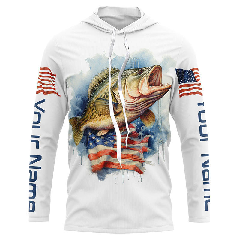 Bass Fishing American Flag Long Sleeve Fishing, Personalized Patriotic Bass Fishing
