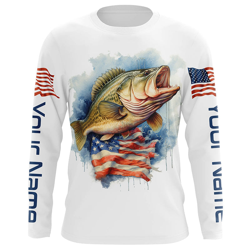 Bass Fishing American Flag Long Sleeve Fishing, Personalized Patriotic Bass Fishing