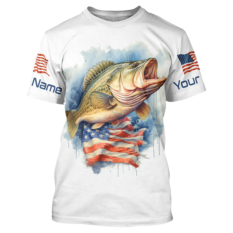 Bass Fishing American Flag Long Sleeve Fishing, Personalized Patriotic Bass Fishing