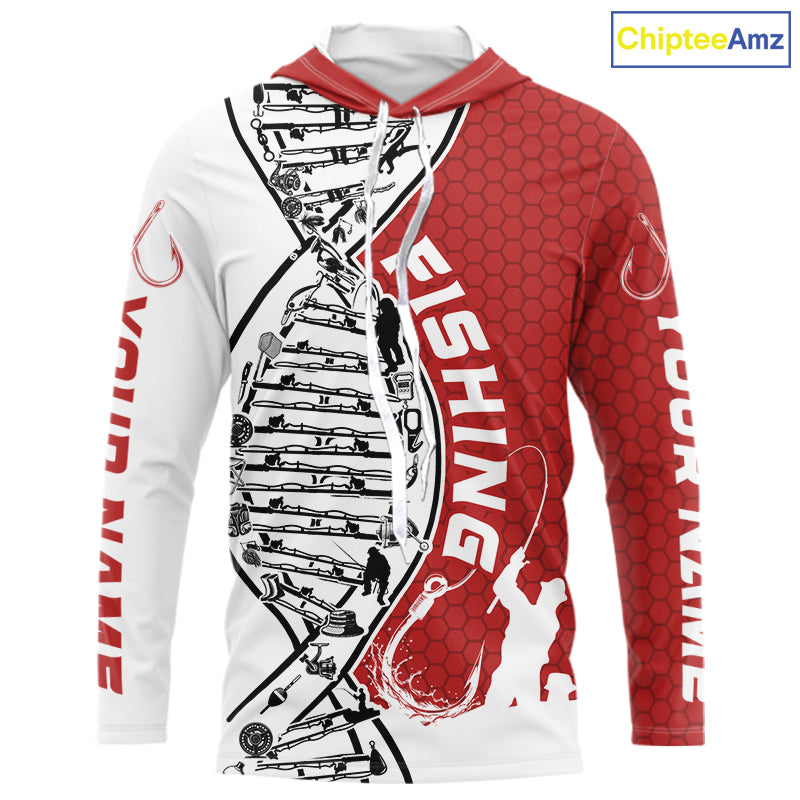 Custom Red And White Fishing Tools Fishing DNA Long Sleeve Hooded Tournament Fishing