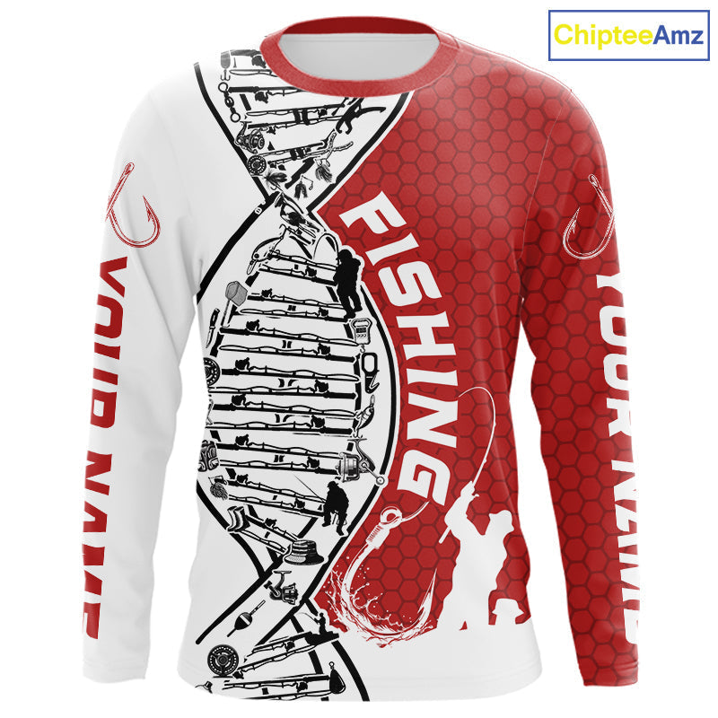 Custom Red And White Fishing Tools Fishing DNA Long Sleeve Hooded Tournament Fishing