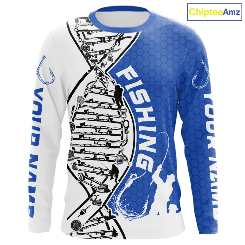 Custom Blue And White Fishing Tools Fishing DNA Long Sleeve Tournament Fishing