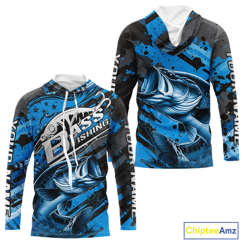 Custom Name Blue Camo Bass Fishing, Largemouth Bass Long Sleeve Hooded Fishing