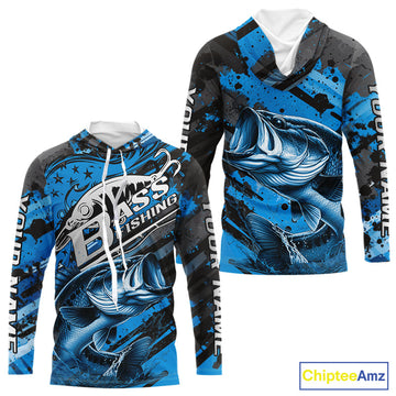 Custom Name Blue Camo Bass Fishing, Largemouth Bass Long Sleeve Hooded Fishing