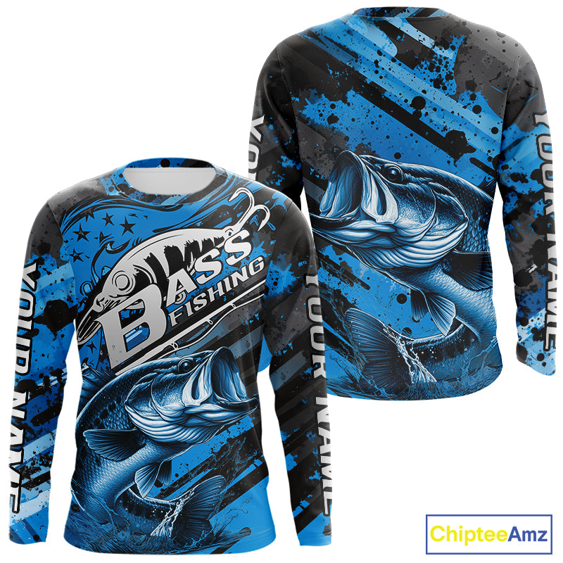 Custom Name Blue Camo Bass Fishing, Largemouth Bass Long Sleeve Hooded Fishing