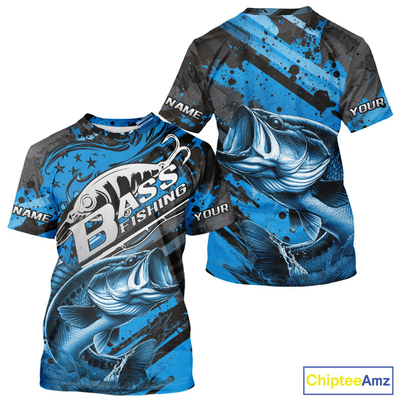 Custom Name Blue Camo Bass Fishing, Largemouth Bass Long Sleeve Hooded Fishing